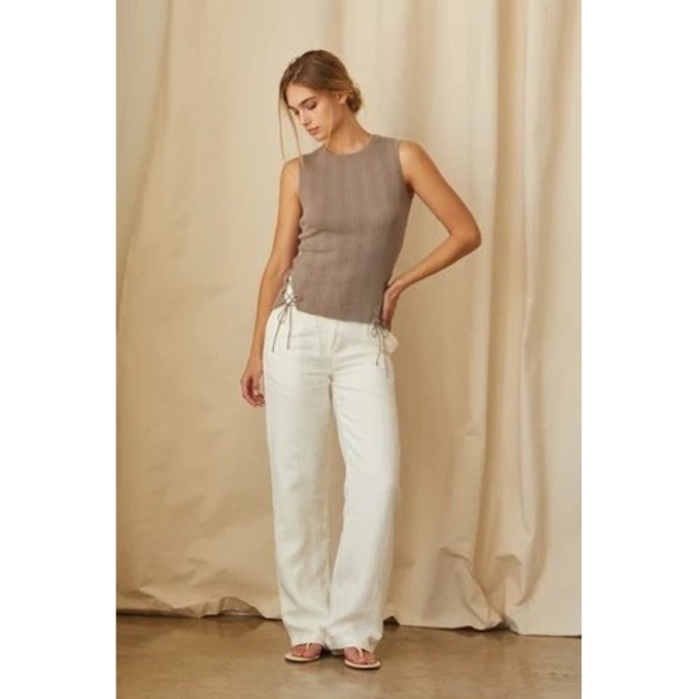 Crescent Taupe Brown Linen Cotton Blend Lace Up Side Ribbed Knit Tank Top M NEW